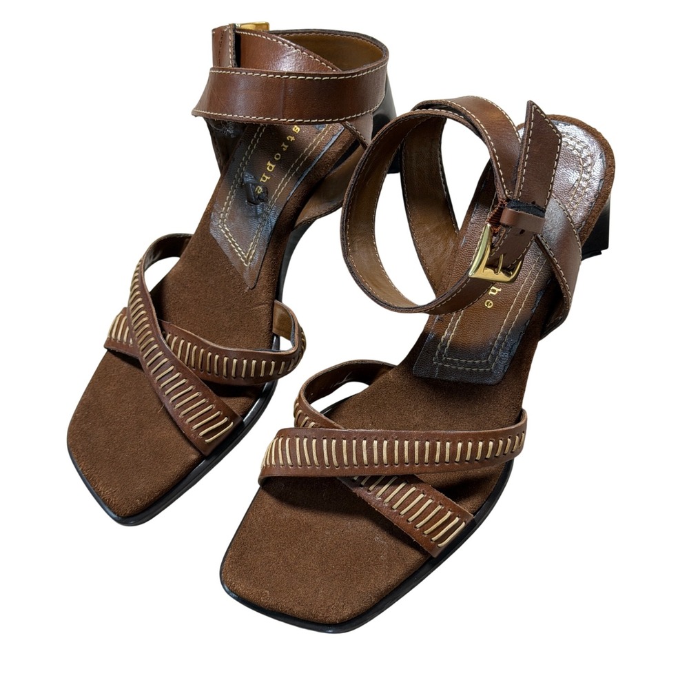 VTG 90s Apostrophe Brown Leather Whipstitch Wedge Sandals 3" Ankle Strap Sz 6.5